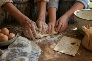 Older and younger hands kneading dough together on a flour-dusted table in a warmly lit, rustic kitchen, with a vintage recipe card visible among baking ingredients.