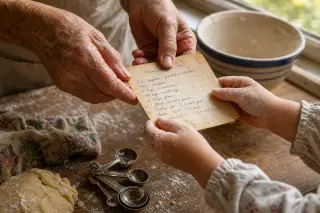 Elderly hands passing a handwritten recipe card to a child's flour-covered hands over a rustic kitchen table, warm daylight highlighting the scene.
