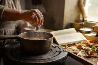 Elderly hands adding salt over a steamy pot on a rustic stove, with natural light and kitchen details creating a warm, peaceful mood.