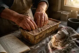 A pair of aged hands shaping a terrine mixture in a rustic kitchen, with sunlight and traditional utensils visible.