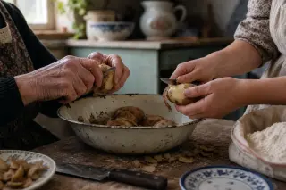 Hands of two people, one elderly and one young, peeling potatoes together over a rustic kitchen table in soft natural light.