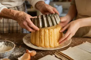 Two pairs of hands, one elderly and one young, delicately unmolding a traditional dessert together in a softly lit, authentic family kitchen.