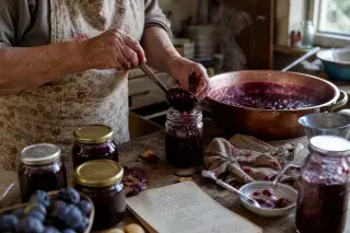 Elderly hands ladling jam into glass jars on a rustic kitchen table with sunlight, steam, and handwritten recipes in a cozy, real kitchen setting.