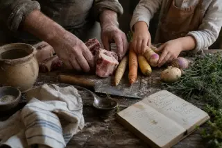A pair of adult and child hands arrange vegetables, herbs, and beef bones on a rustic kitchen table in soft morning light, evoking a tranquil, authentic preparation moment.