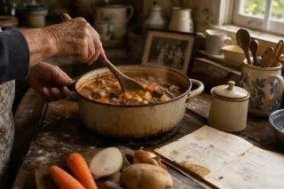 Elderly hands stirring a simmering stew in a rustic kitchen, surrounded by scattered vegetables, handwritten recipe notes, and gentle afternoon light.