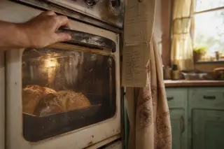 Hand checking bread through oven glass in cluttered home kitchen with natural light and handwritten notes