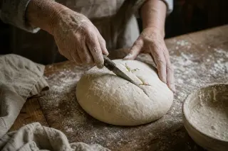 Elderly hands scoring bread dough on a worn wooden table with baking tools in soft, warm daylight